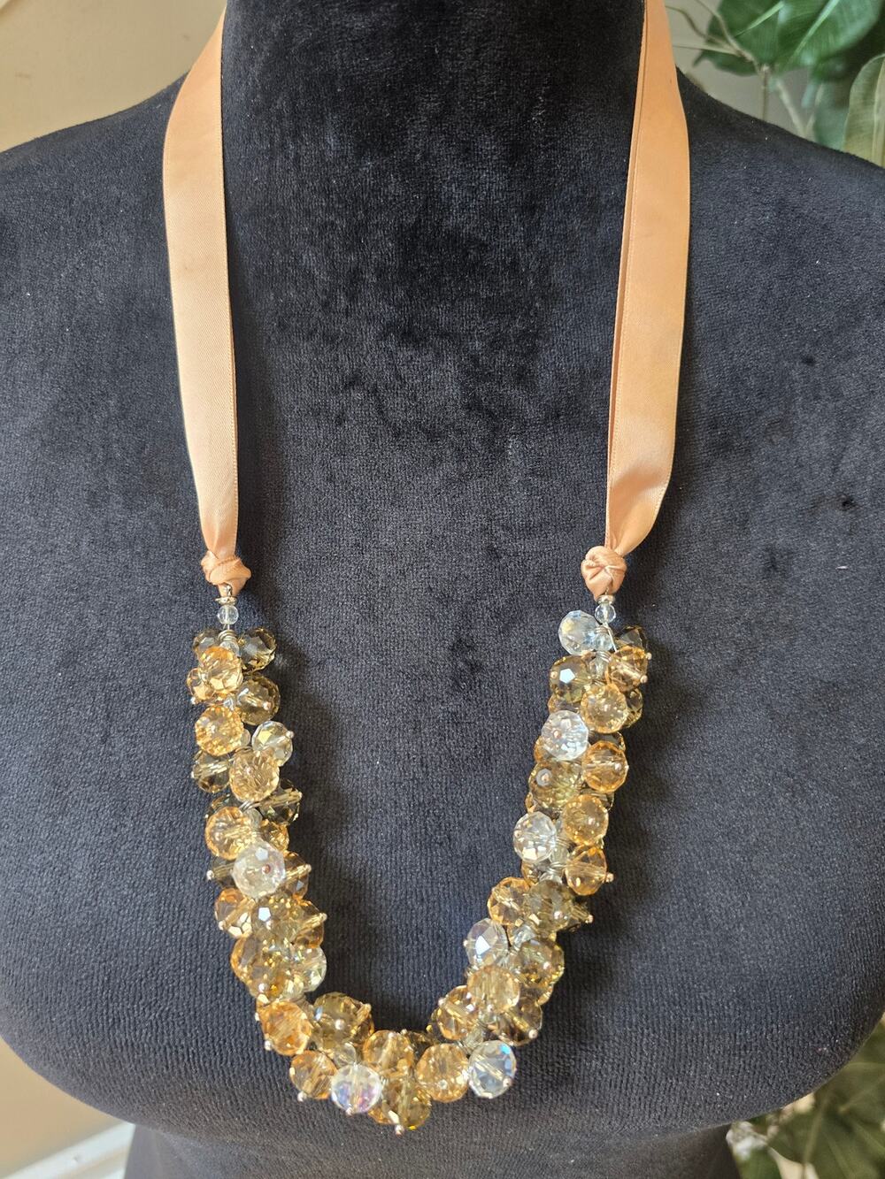 Gold Tone Crystal Beaded Ribbon Statement Necklace